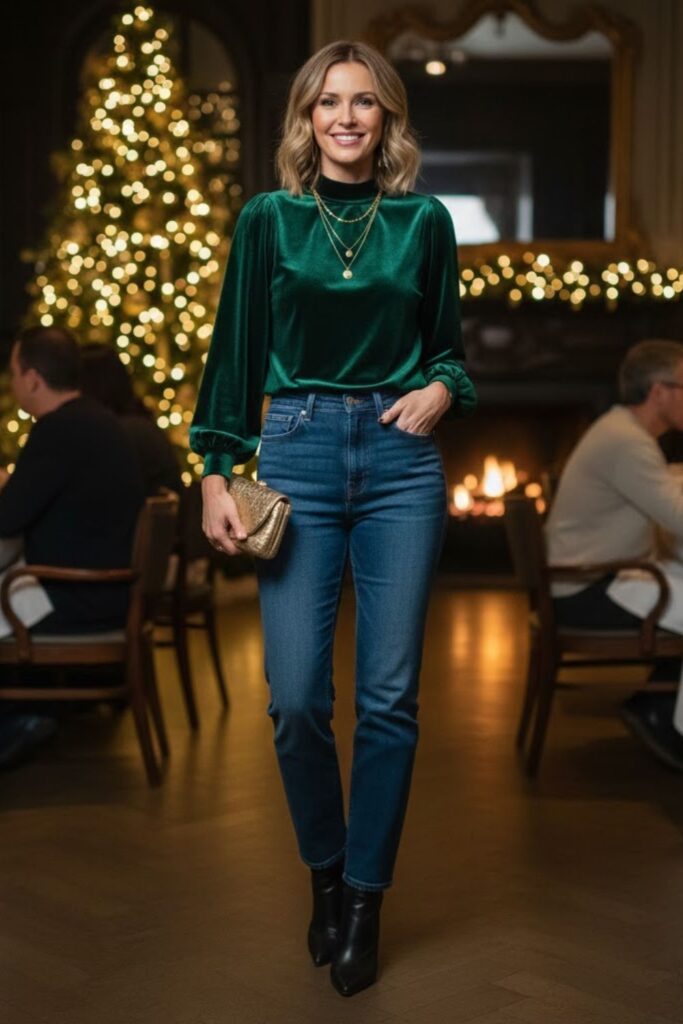 5. Velvet Top With Straight-Leg Jeans and Heels