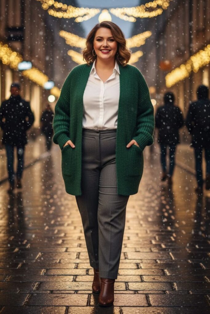 6. Cardigan Over Blouse and Pants