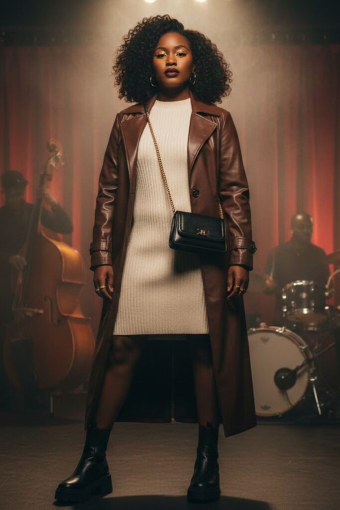 6. Faux Leather Trench + Sweater Dress + Platform Boots