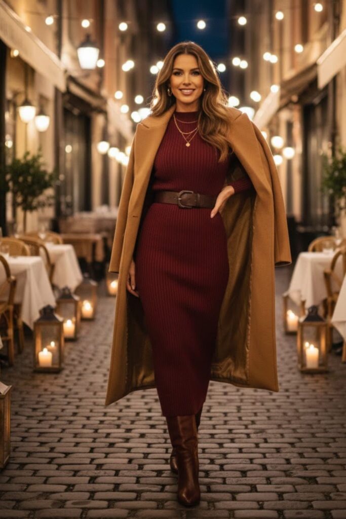 6. Knit Maxi Dress with Belt and Boots
