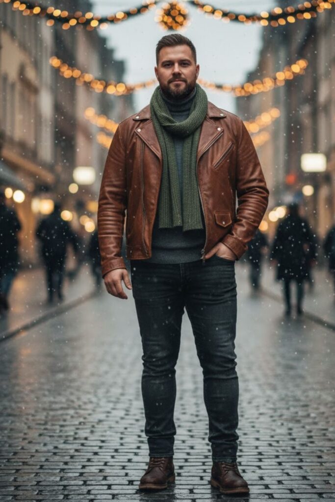 6. Leather Jacket with Scarf and Boots