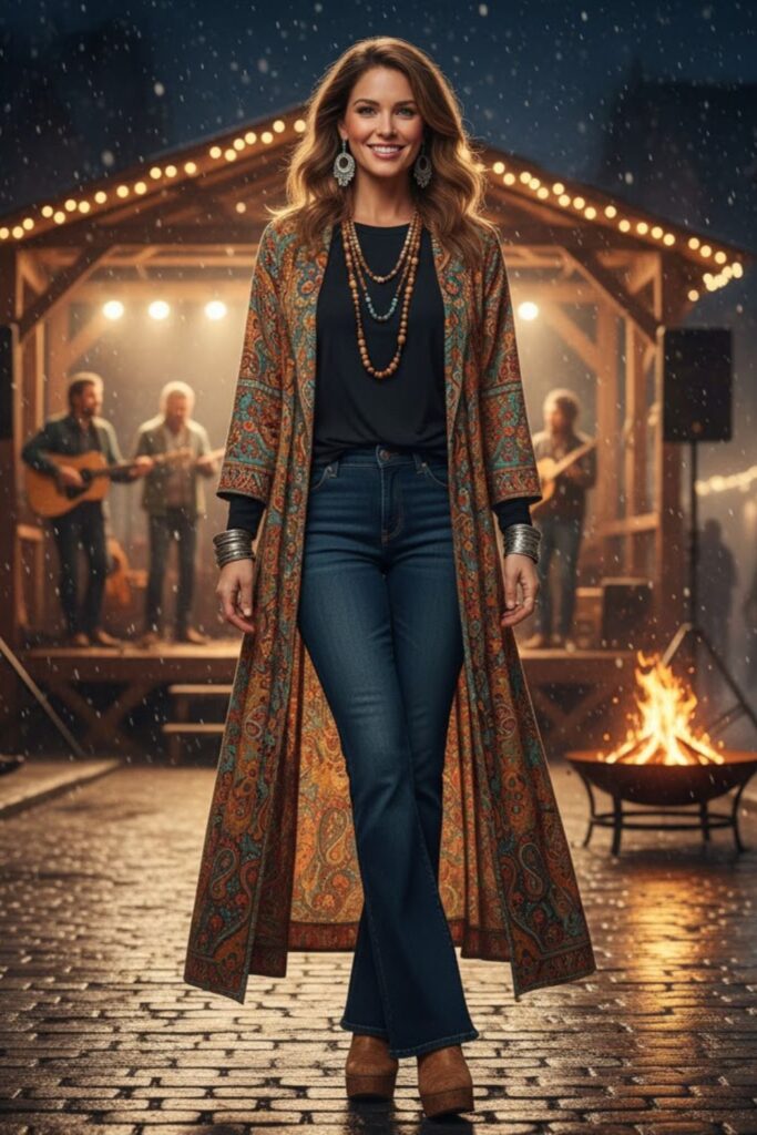 6. Long Patterned Duster + Long-Sleeve Tee + Flare Jeans + Beaded Accessories