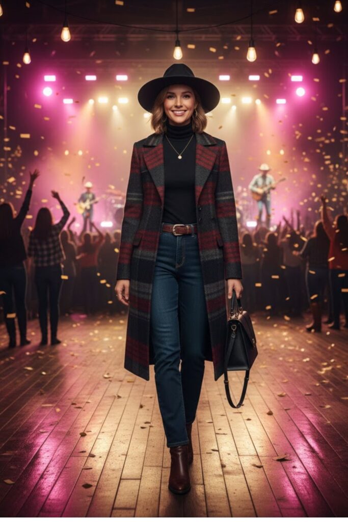 6. Long Plaid Coat + Turtleneck + Dark Jeans + Block-Heel Boots