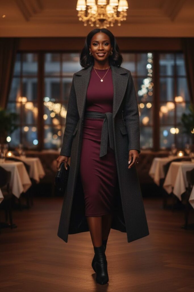 6. Long-Sleeve Bodycon Dress with a Belted Coat