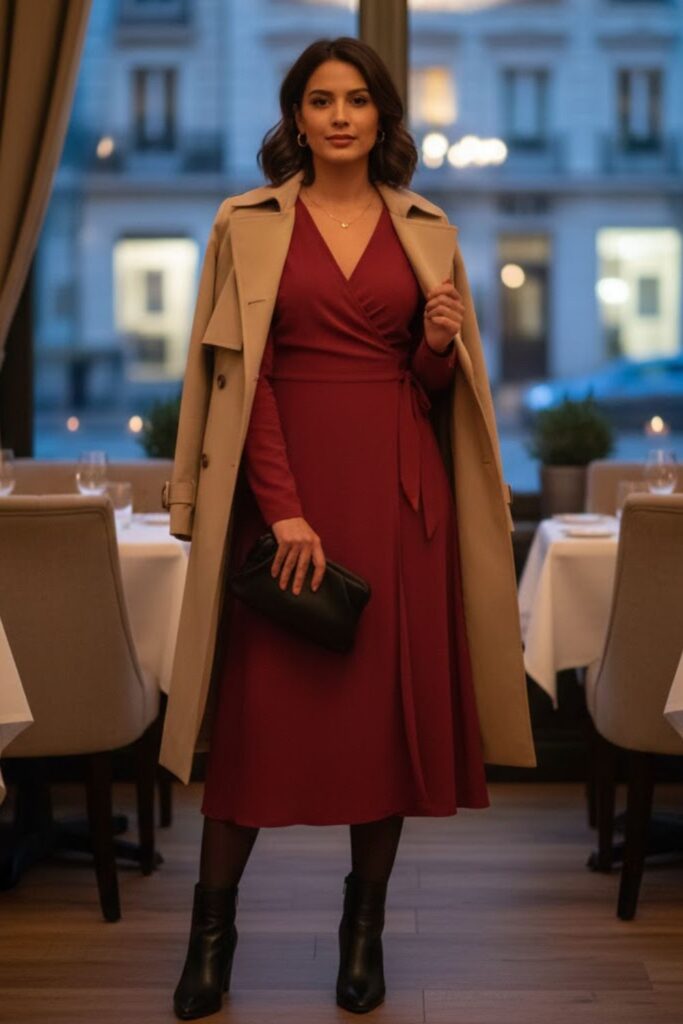 6. Long-Sleeve Wrap Dress with Tights