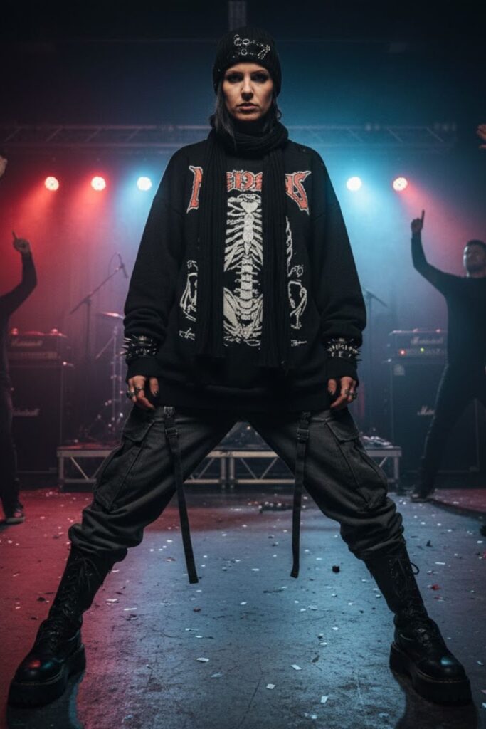 6. Oversized Band Sweater + Cargo Pants + Heavy Lace-Up Boots