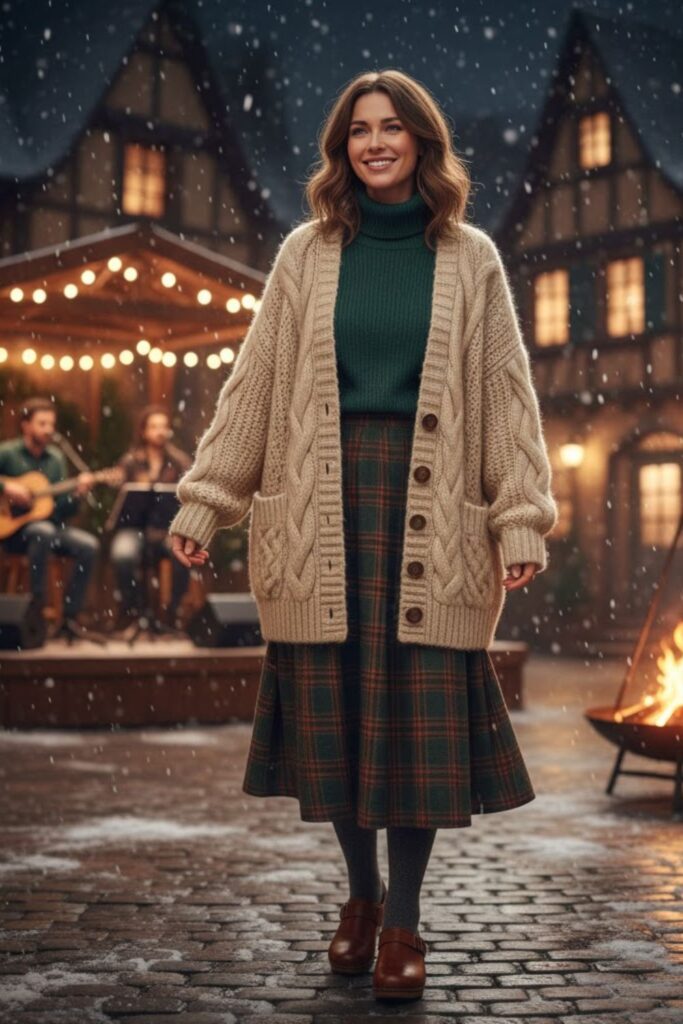 6. Oversized Cardigan + Plaid Midi Skirt + Turtleneck + Warm Leggings + Mule Boots