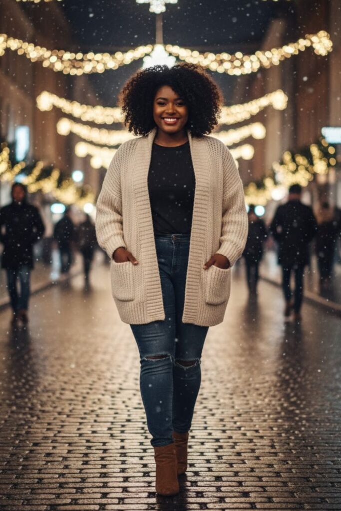 6. Oversized Cardigan with Jeans and Booties