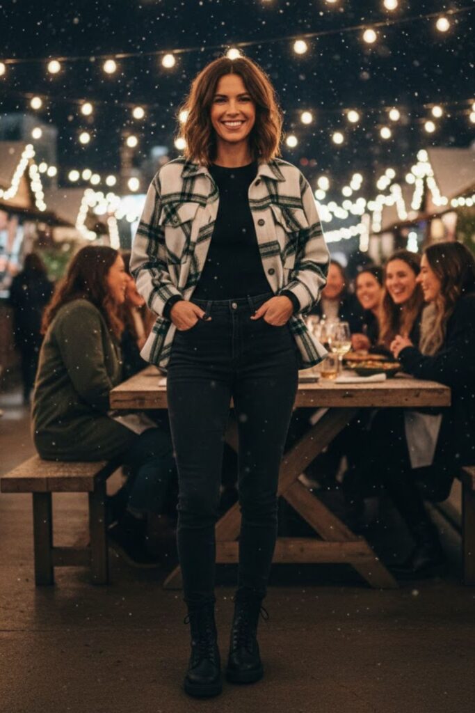 6. Plaid Shacket With a Fitted Base Layer and Black Jeans