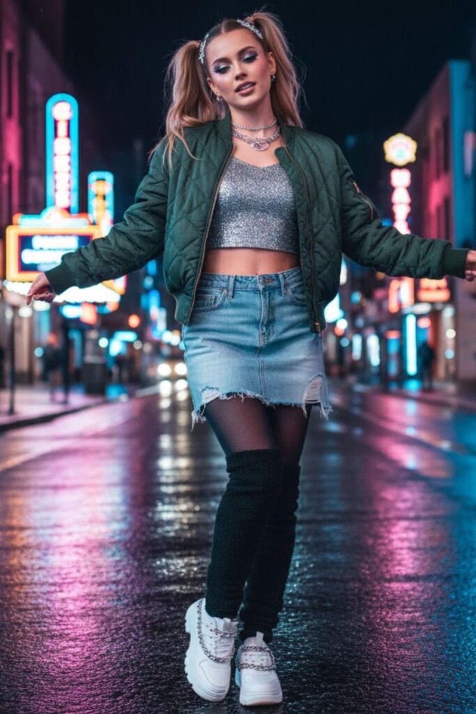 6. Quilted Bomber Jacket, Glitter Top, Denim Mini & Fleece Leggings