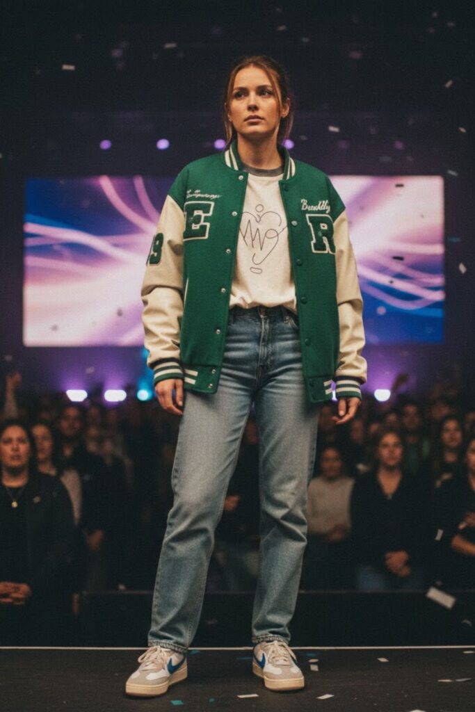 6. Varsity Jacket + Oversized Tee + Straight-Leg Pants + Retro Sneakers