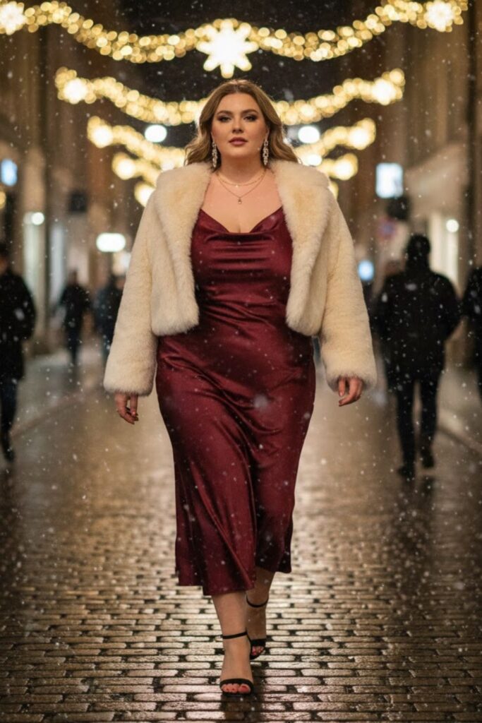 7. Faux Fur Jacket Over Satin Slip Dress