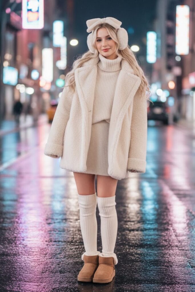 7. Faux Shearling Coat, Knit Set, Warm Socks & Platform UGG-Style Boots