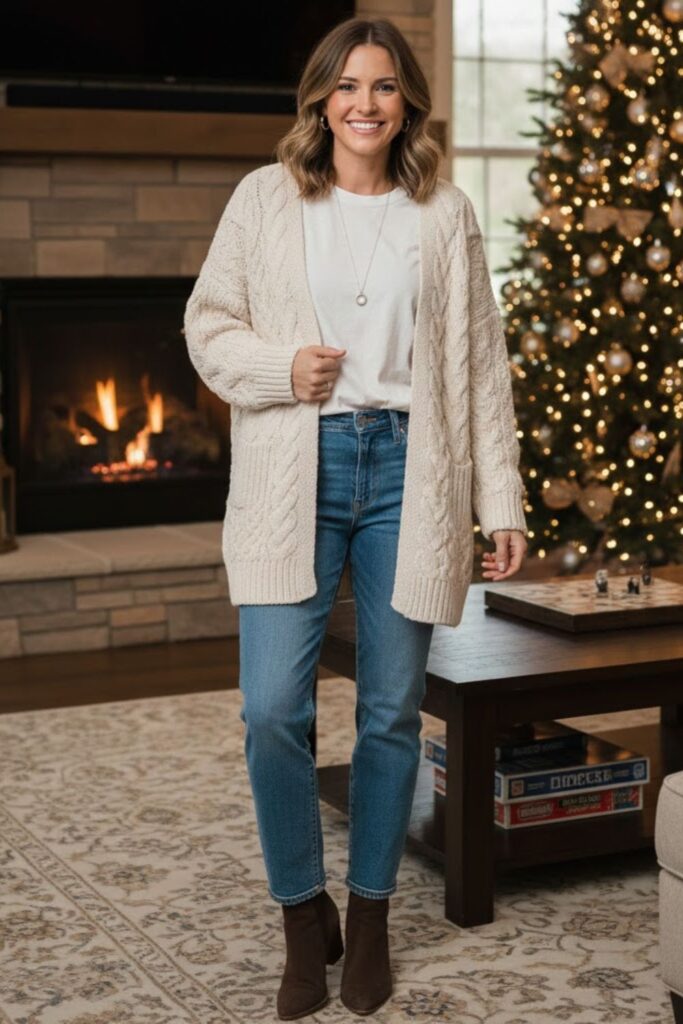 7. Oversized Cardigan With a Simple Tee and Straight Jeans