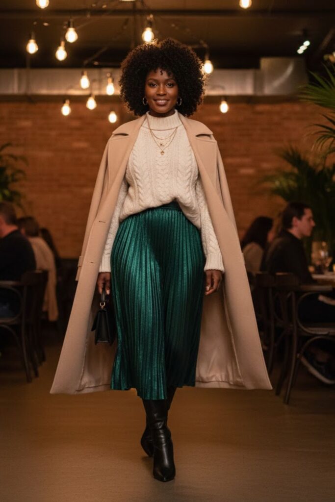 7. Pleated Midi Skirt with a Chunky Sweater