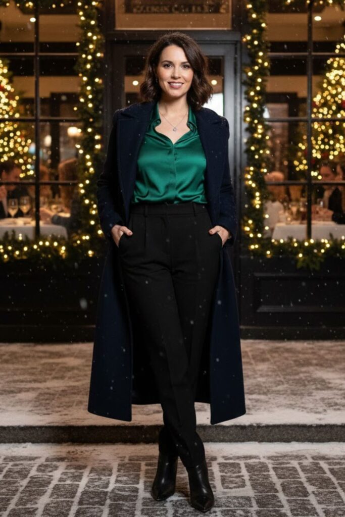 7. Satin Blouse With Tailored Trousers and a Long Coat