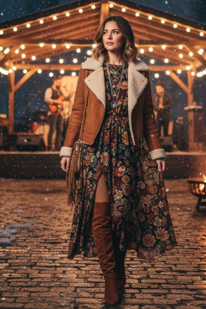 7. Shearling Jacket + Floral Maxi Dress + Tall Suede Boots