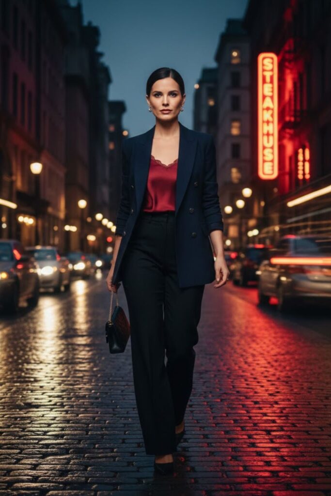 7. Silk Camisole with Blazer and Trousers