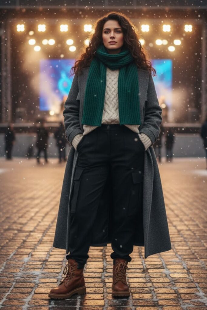 7. Wool Trench Coat + Knit Sweater + Tailored Cargo Pants + Lace-Up Boots