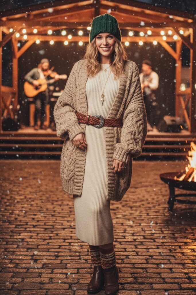 8. Chunky Cardigan + Ribbed Knit Set + Boho Belt + Ankle Booties