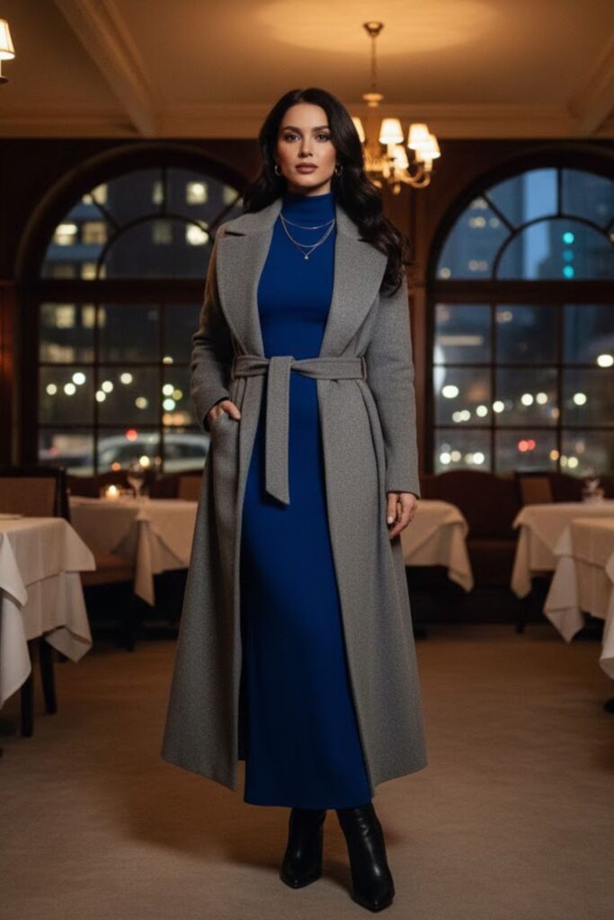 8. High-Neck Maxi Dress with a Belted Coat