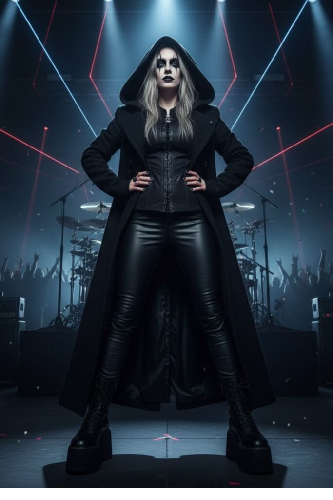 8. Hooded Cloak Jacket + Lace-Up Thermal Top + Skinny Leather Pants + Platform Boots