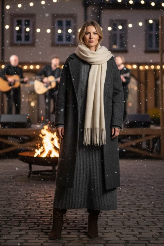 8. Long Knit Dress + Blanket Scarf + Knee-High Boots + Wool Coat