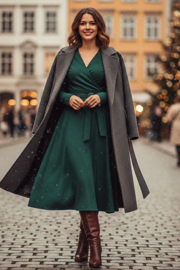 8. Long-Sleeve Wrap Dress with Boots and a Belted Coat