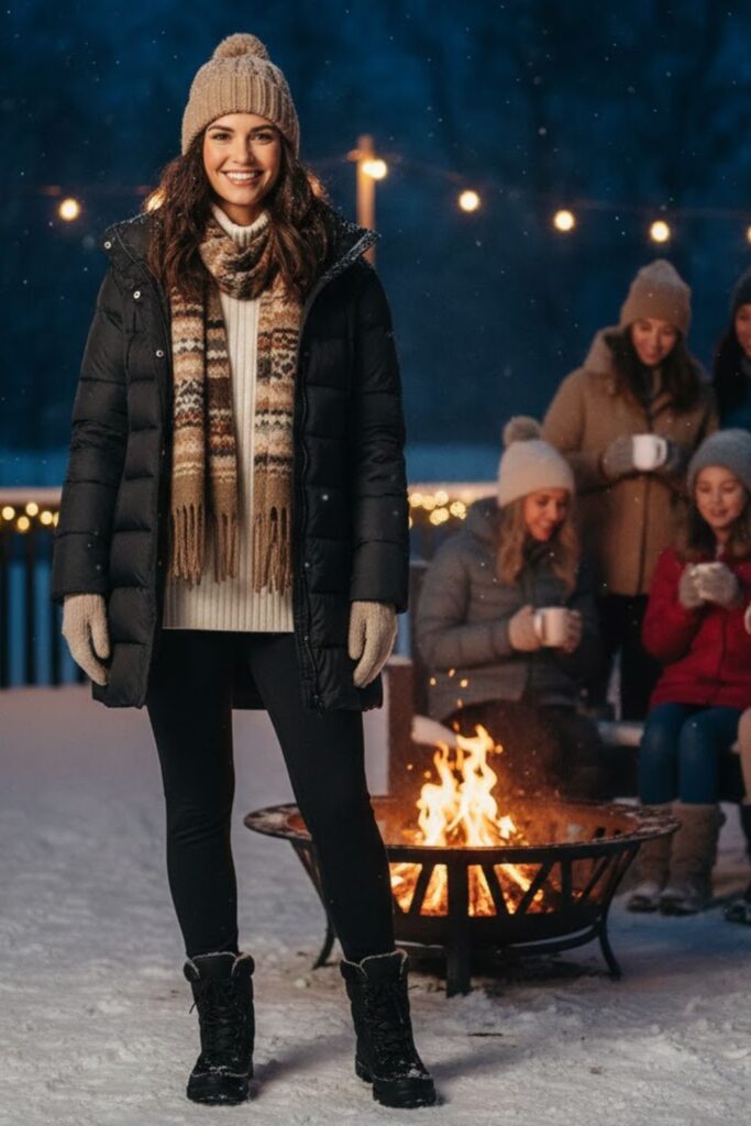 8. Puffer Jacket Over a Warm Knit Top and Leggings