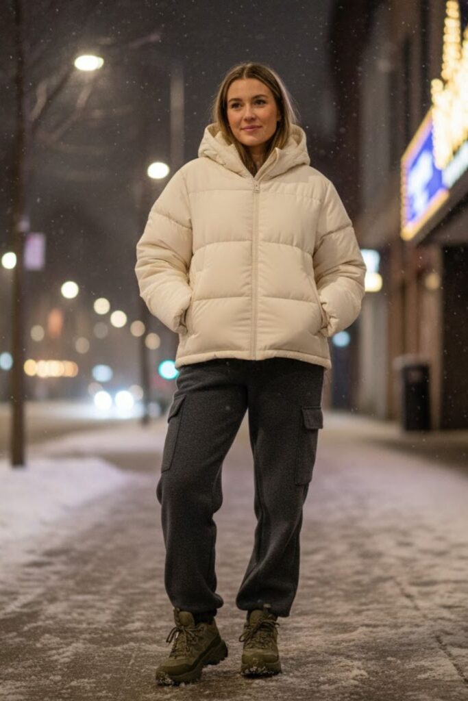 8. Quilted Hoodie + Fleece-Lined Pants + Snow-Ready Sneakers
