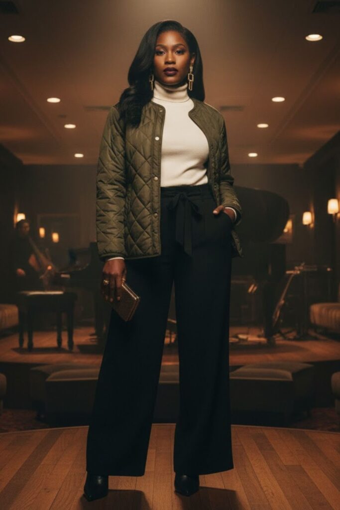 8. Quilted Jacket + Wide-Leg Pants + Fitted Turtleneck + Ankle Boots