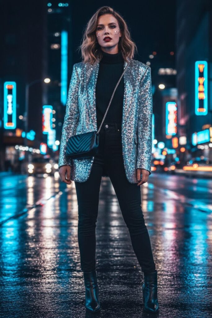 8. Sequin Blazer, Thermal Turtleneck, Black Skinny Pants & Ankle Boots