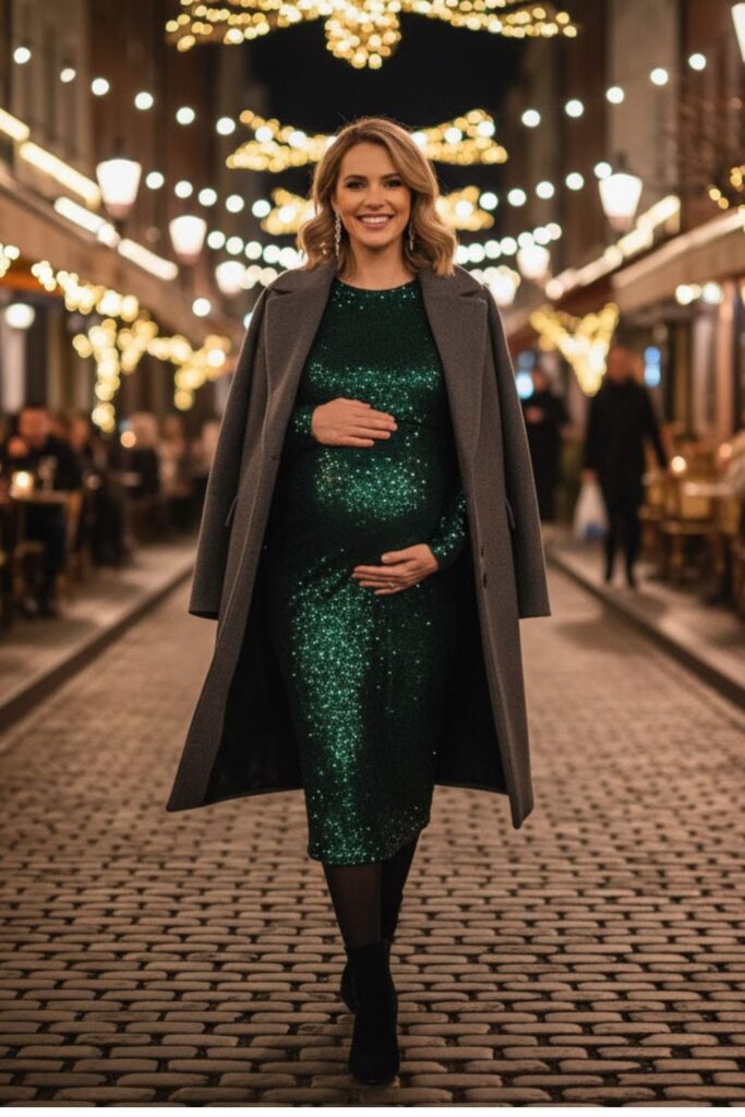 8. Sequin Maternity Dress with Tights
