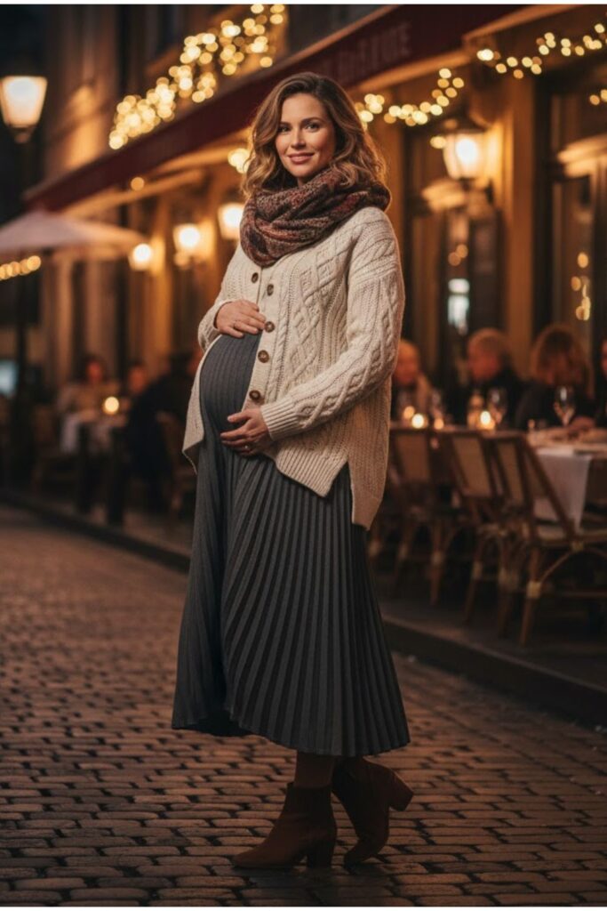 9. Button-Up Sweater with Pleated Skirt