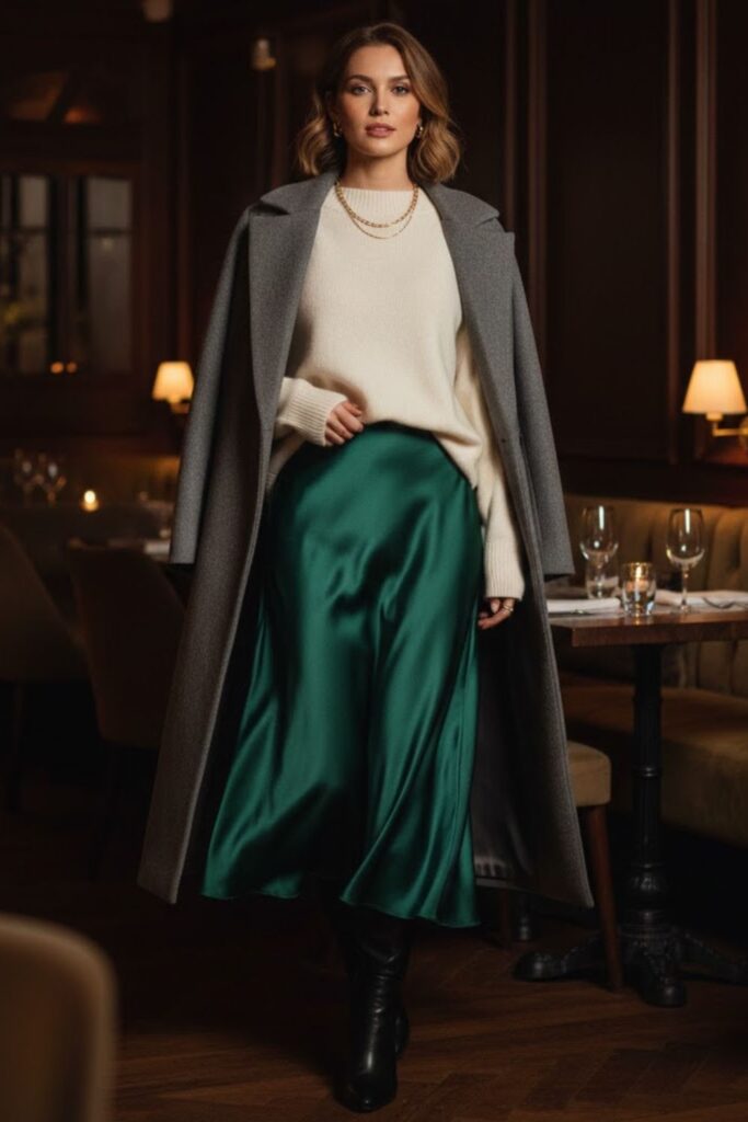 9. Cashmere Sweater with a Satin Midi Skirt
