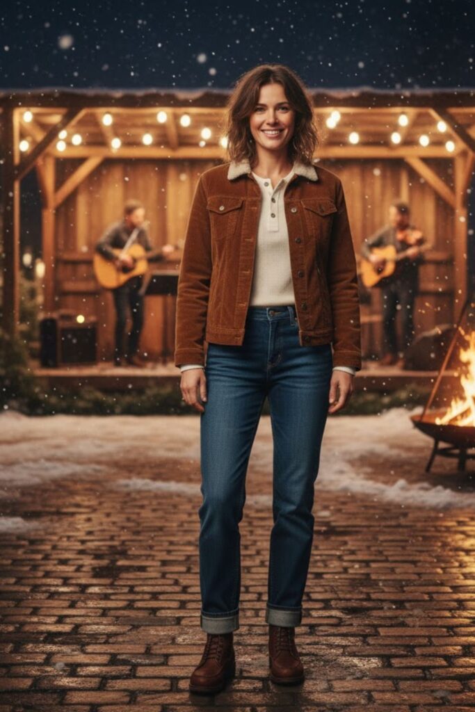 9. Corduroy Jacket + Henley Shirt + Straight-Fit Jeans + Moc-Toe Boots