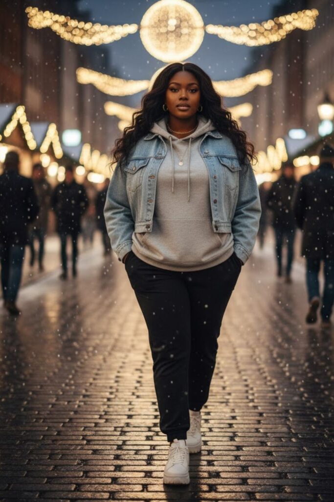 9. Denim Jacket Layered with Hoodie and Joggers