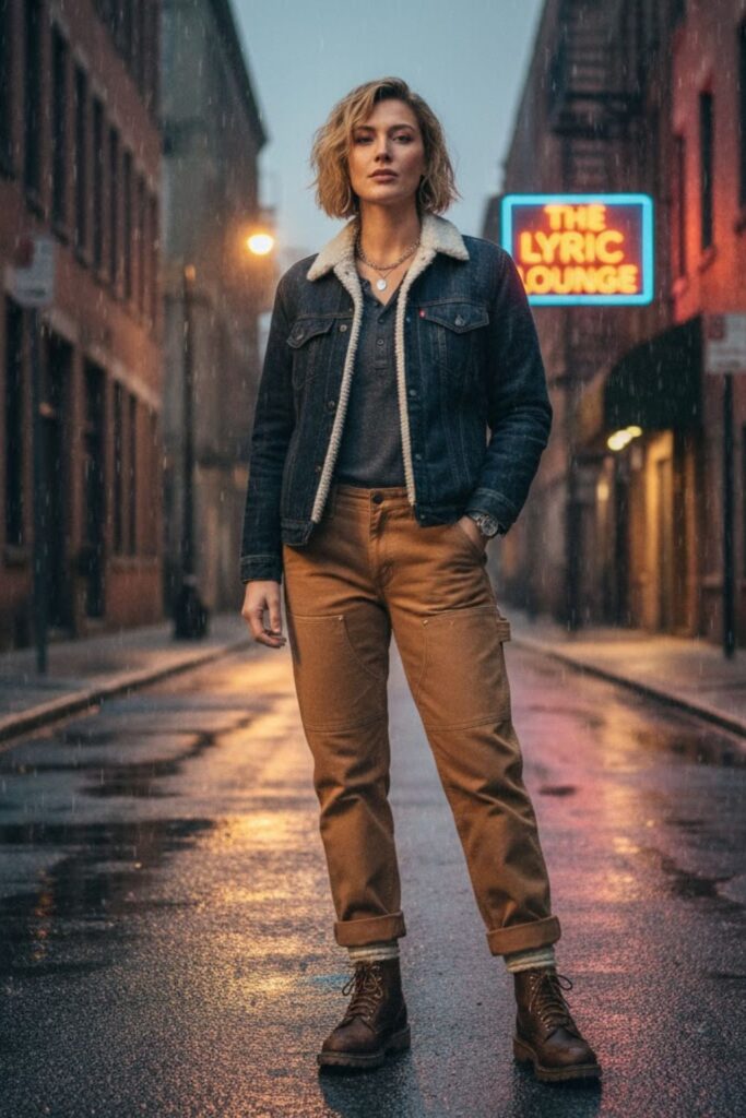 9. Denim Sherpa Jacket + Henley Top + Carpenter Pants + Work Boots