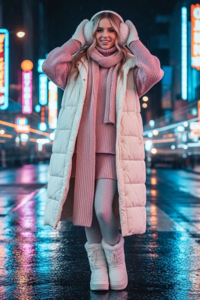 9. Long Puffer Vest, Oversized Knit, Mini Shorts, Tights & Snow Boots
