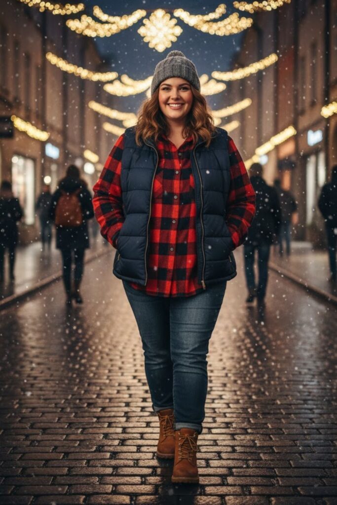 9. Quilted Vest with Flannel and Jeans