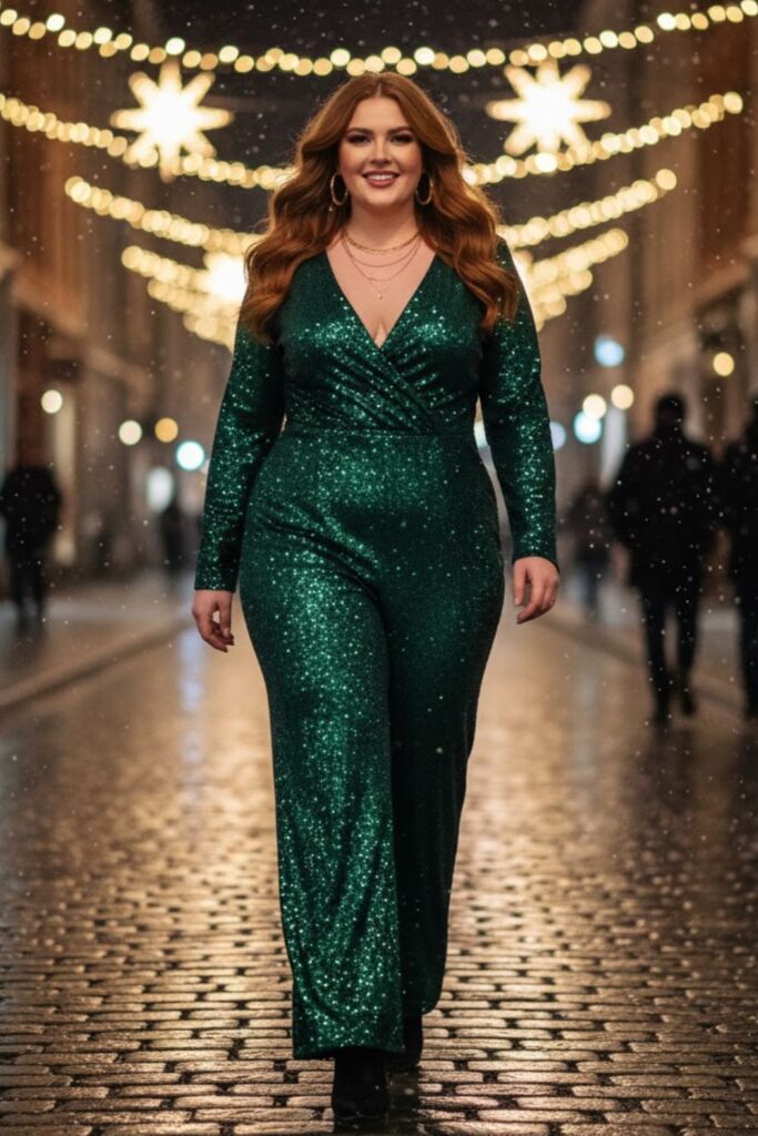 9. Sparkly Jumpsuit with Statement Earrings