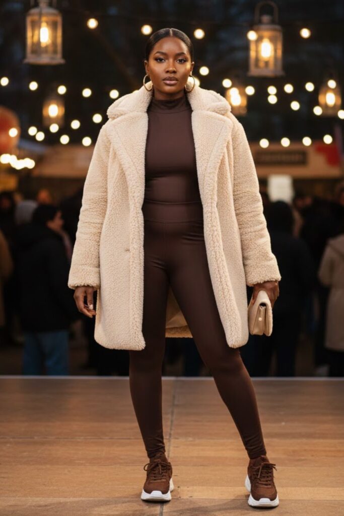 9. Teddy Coat + Monochrome Outfit + Winter Sneakers