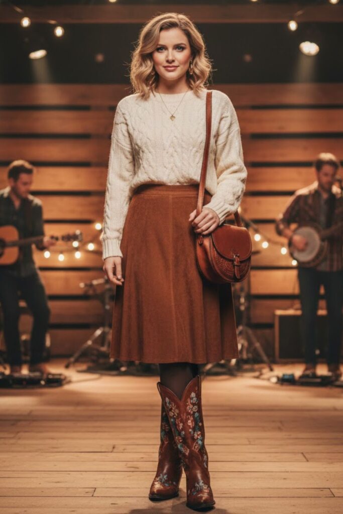 Cable-Knit Sweater, Midi Suede Skirt, Wool Tights & Embroidered Boots