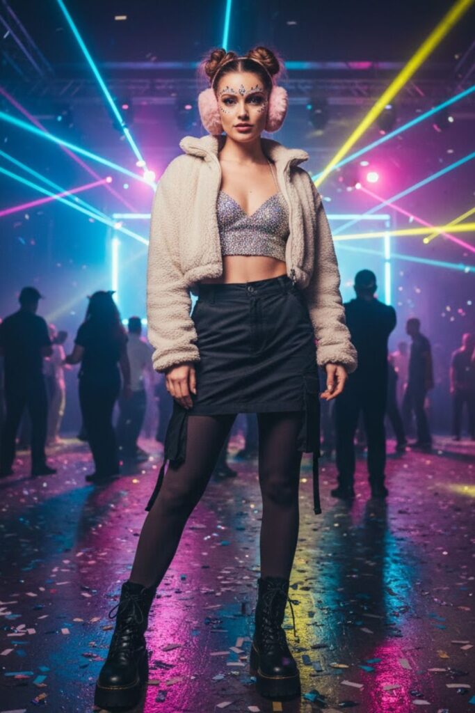 Cropped Fleece Jacket + Rhinestone Top + High-Rise Cargo Skirt + Thermal Leggings + Boots