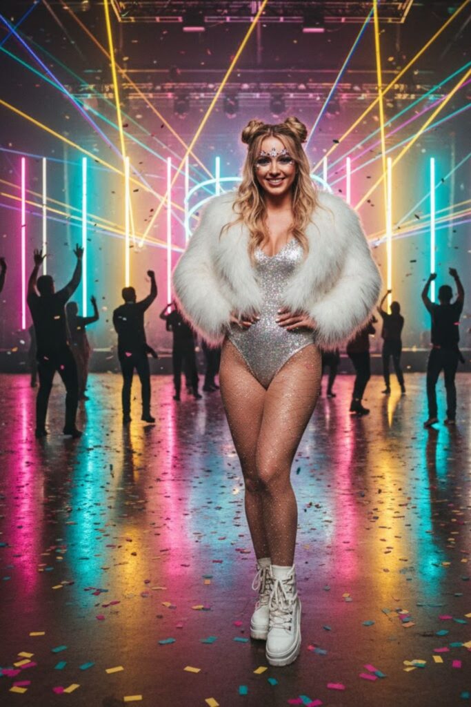 Faux Fur Shrug + Sequin Bodysuit + Glitter Tights + Snow-Friendly Booties