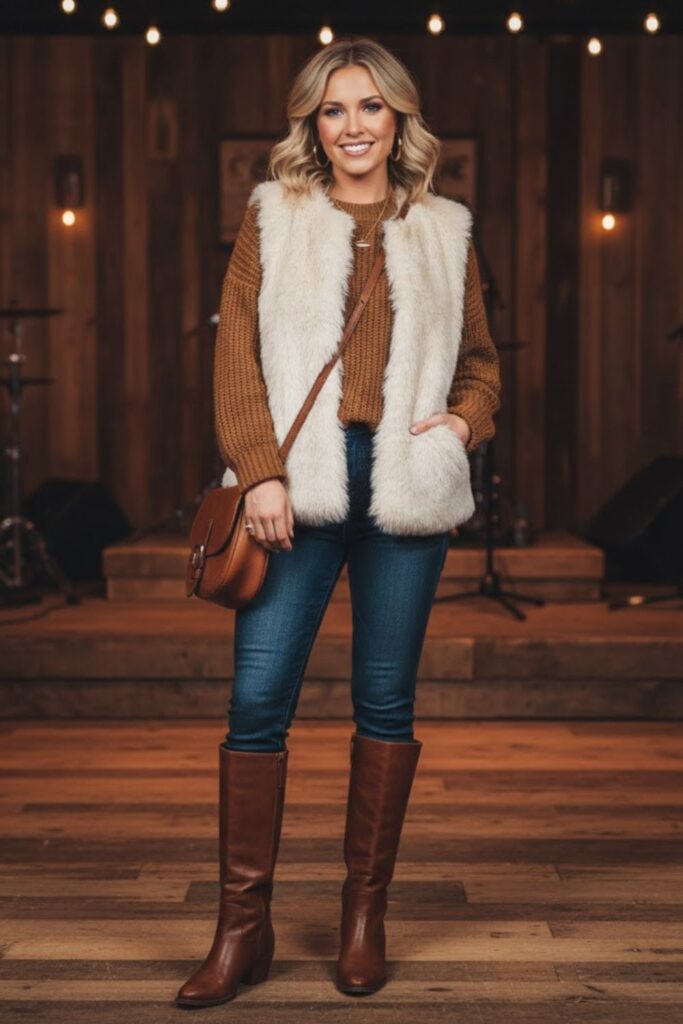 Faux Fur Vest, Chunky Knit Sweater, Skinny Jeans & Brown Riding Boots