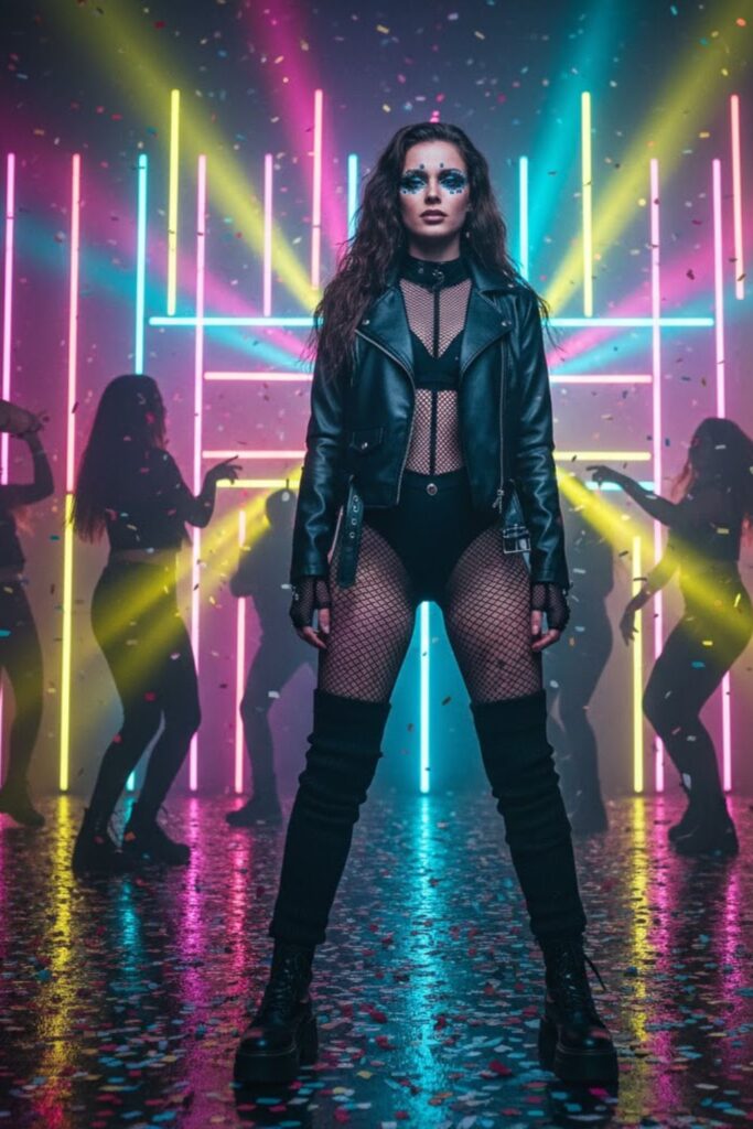 Faux Leather Moto Jacket + Mesh Catsuit + Leg Warmers + Chunky Booties