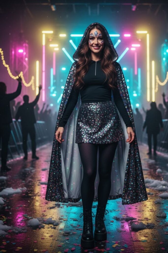 Hooded Sequin Cape + Thermal Base Set + Mini Skirt + Lace-Up Boots