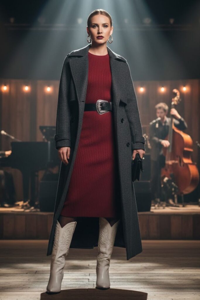 Long Wool Coat, Knit Dress, Tights & Cowgirl Knee Boots