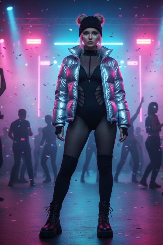 Metallic Puffer Jacket + Mesh Layer + Bodysuit + Fleece-Lined Tights + Combat Boots